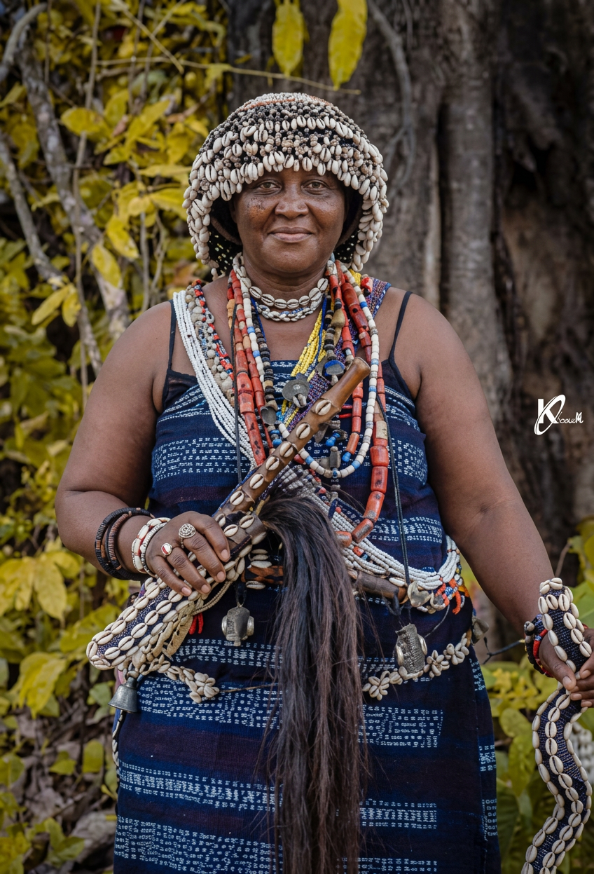 Portrait de la Reine Amang Étame Sagna en parure traditionnelle diola
