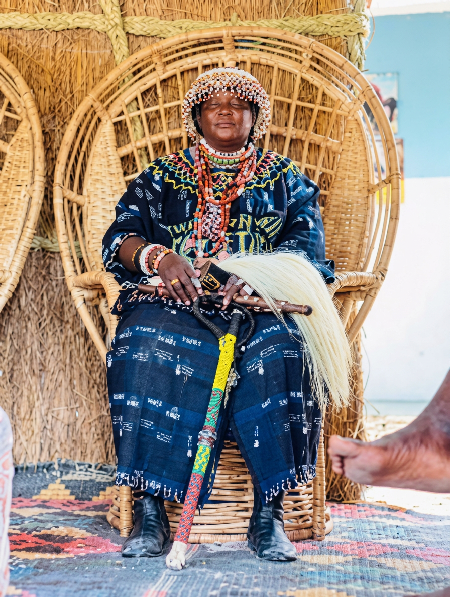 Amang Étame Sagna, Reine de Bignona, sur son trône en osier