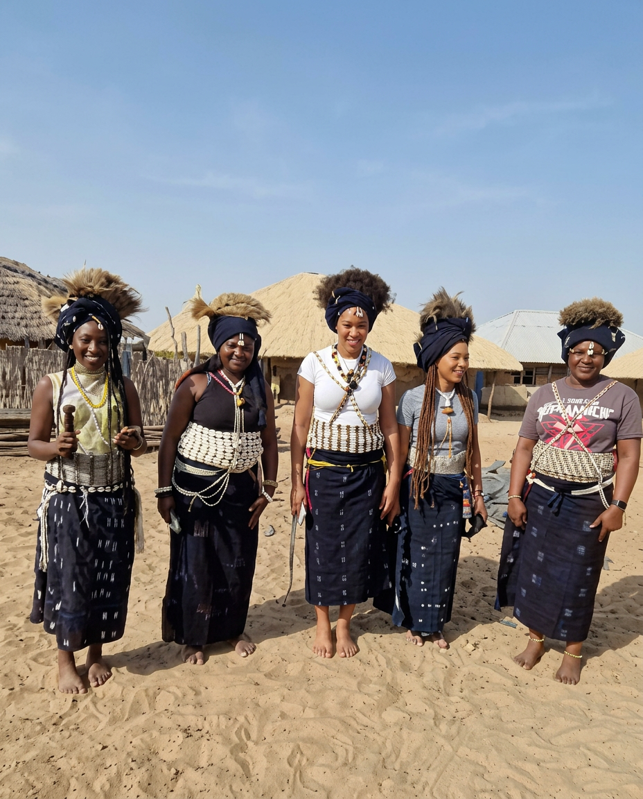 Femmes diolas en tenues traditionnelles indigo et colliers de perles